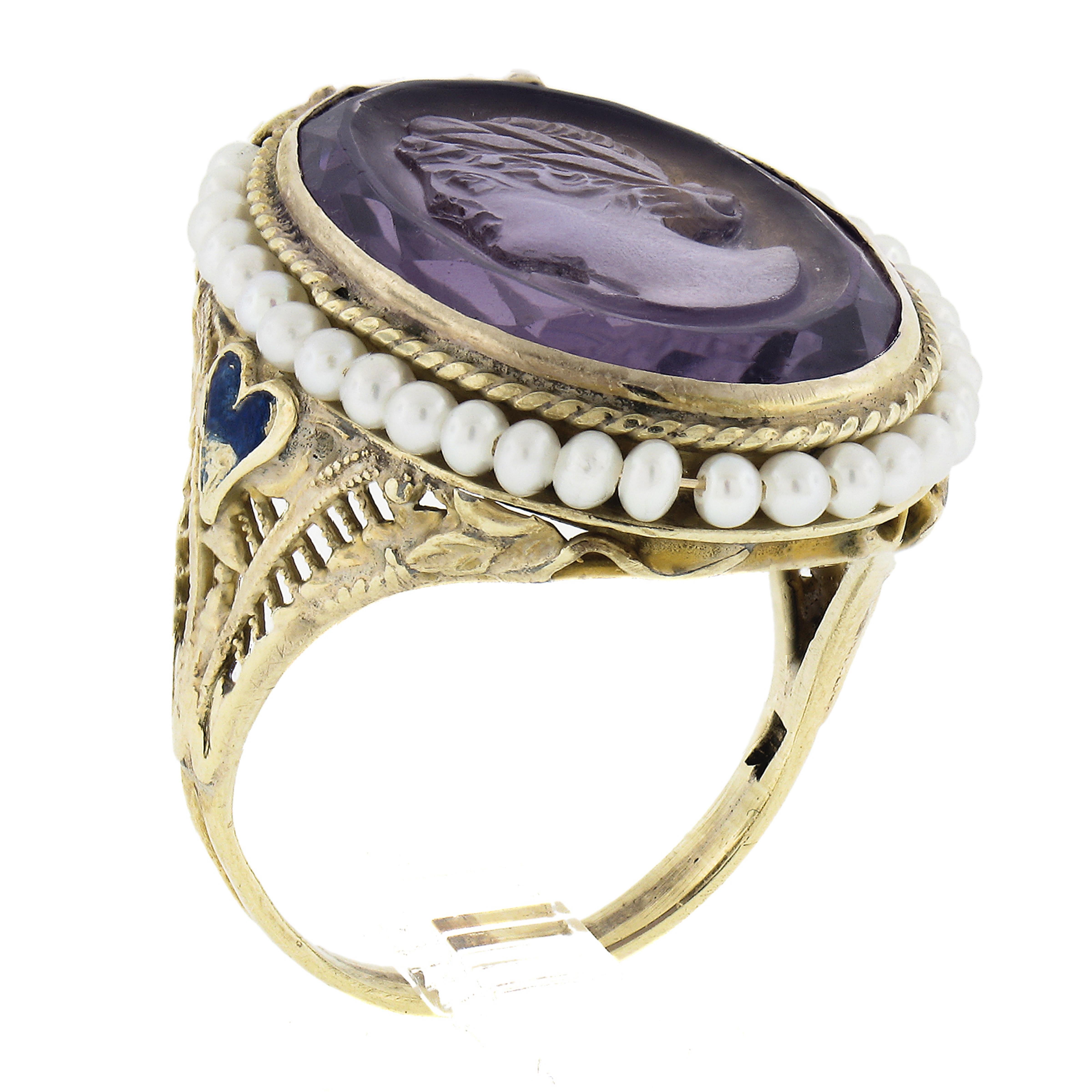 Antique 18k Gold Carved Oval Amethyst Solitaire & Pearl Halo Enamel Work Ring For Sale 4