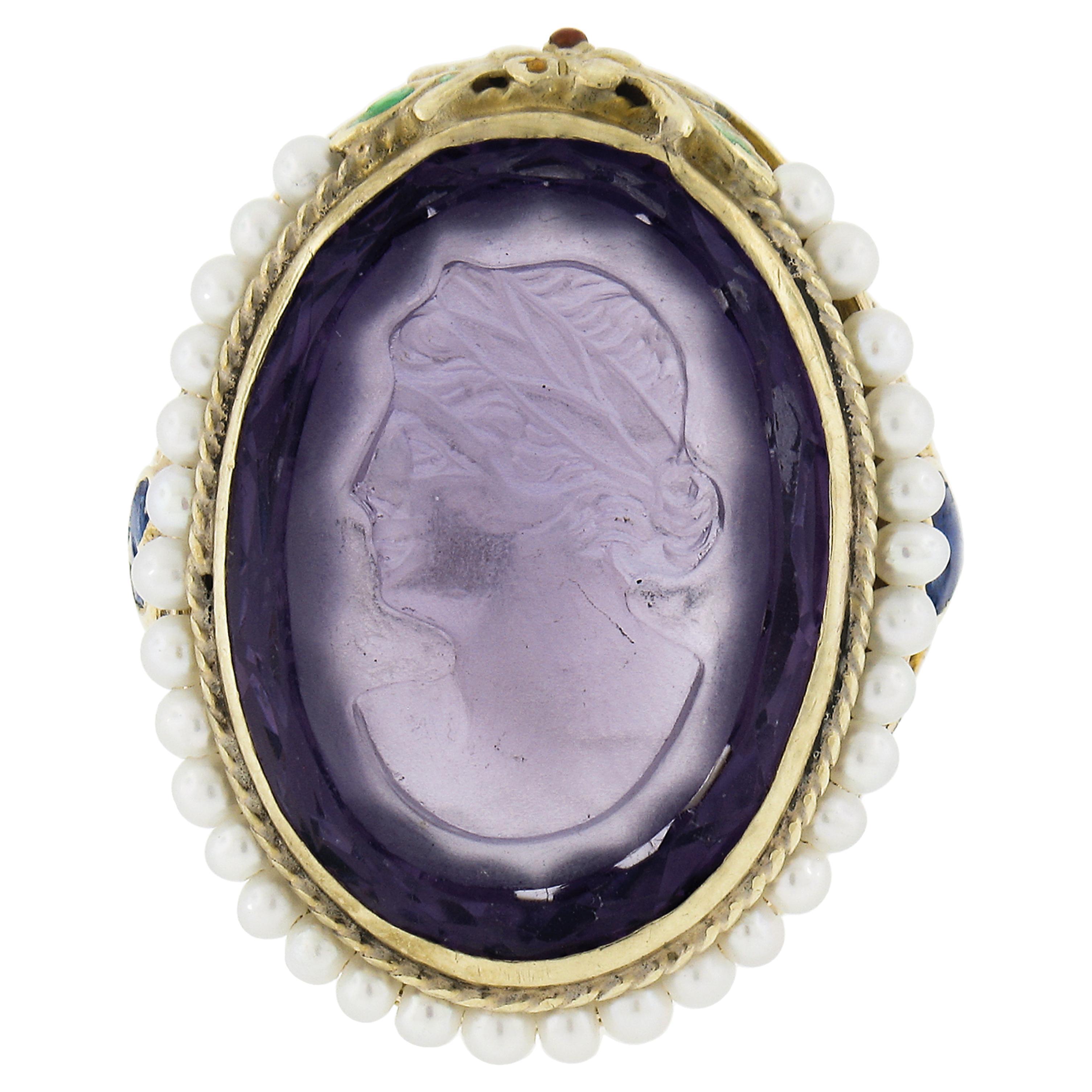 Antique 18k Gold Carved Oval Amethyst Solitaire & Pearl Halo Enamel Work Ring For Sale