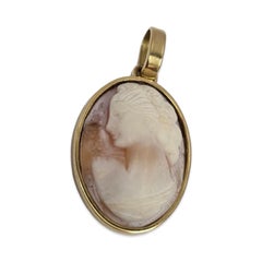 Antique 18K Gold Carved Shell Cameo Pendant, Classical Lady Profile, 27mm