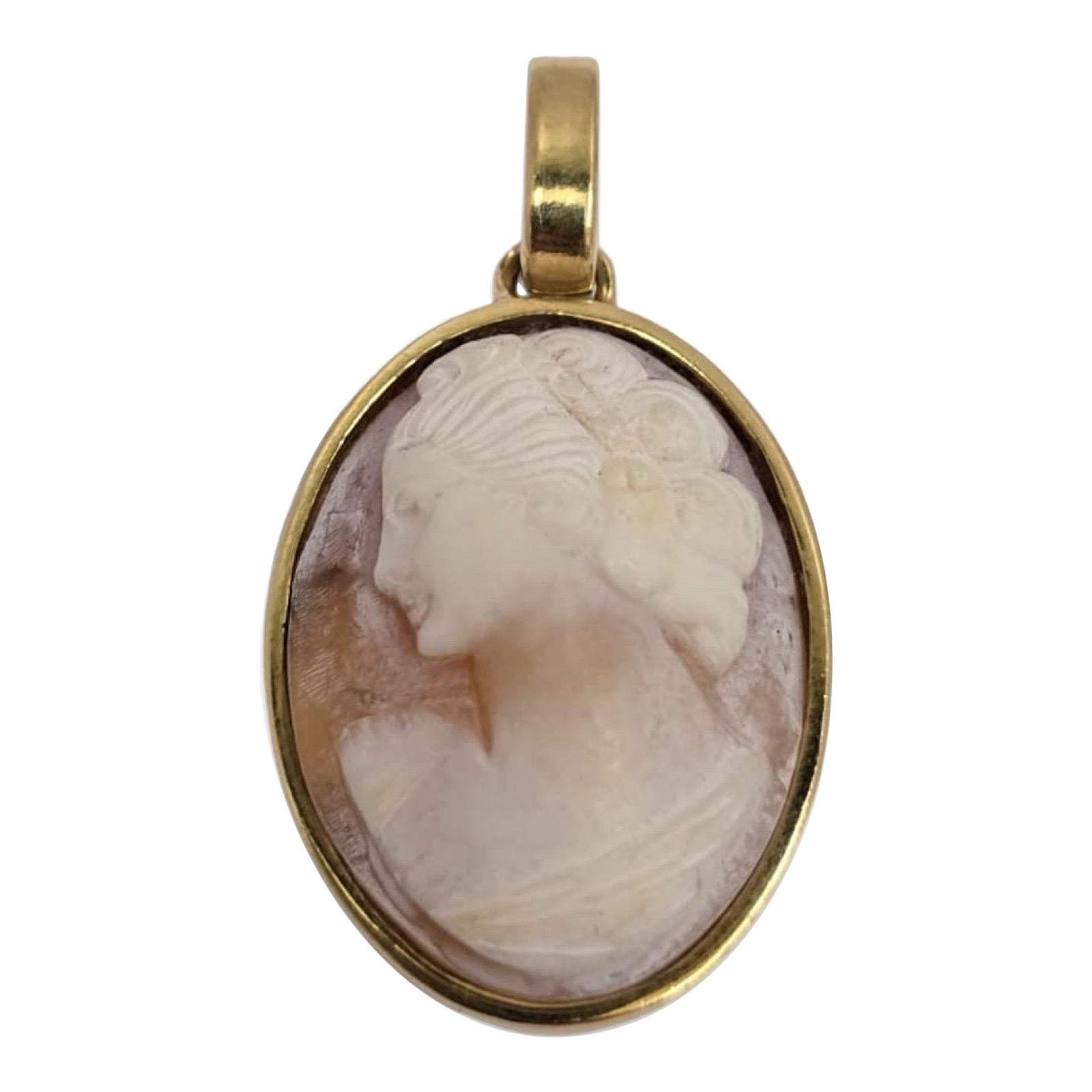 Pendentif camée en or 18K ancien, coquillage sculpté, profil de dame classique, 27mm