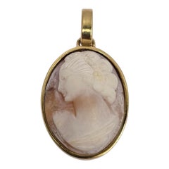 Pendentif camée en or 18K ancien, coquillage sculpté, profil de dame classique, 27mm