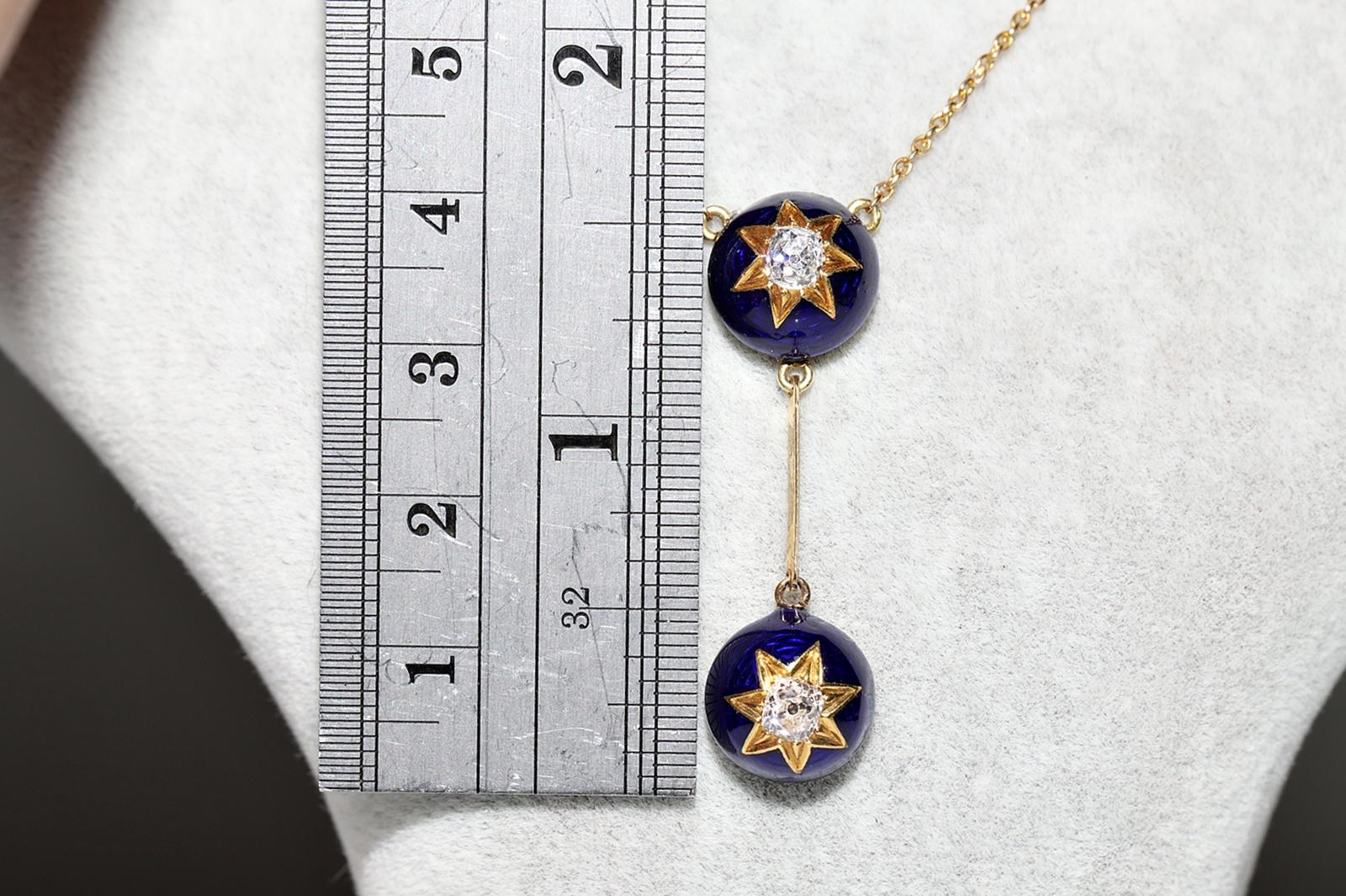 Antike Halskette aus 18 Karat Gold, um 1900, natürlicher Diamant im alten Minenschliff und Emaille (Alteuropäischer Brillantschliff)