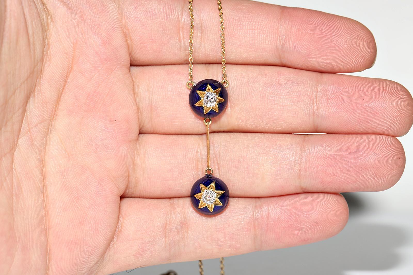 Women's Antique 18K Gold Circa 1900s Natural Old Mine Cut Diamond And Enamel Necklace For Sale