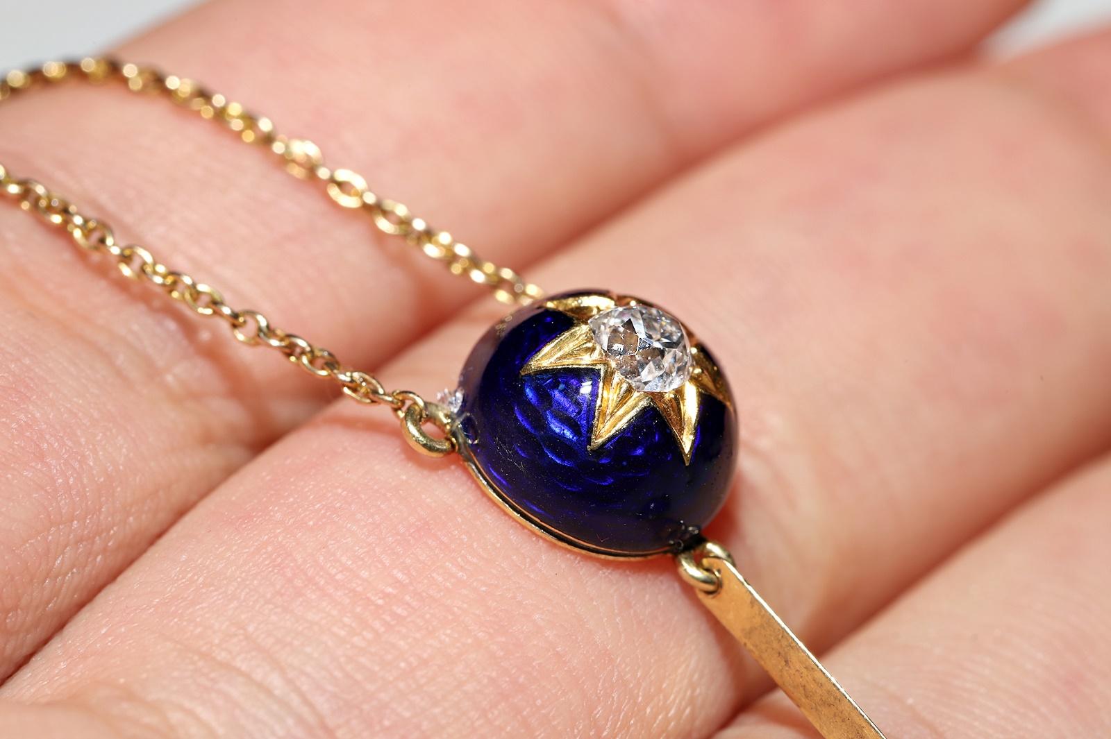 Antike Halskette aus 18 Karat Gold, um 1900, natürlicher Diamant im alten Minenschliff und Emaille Damen