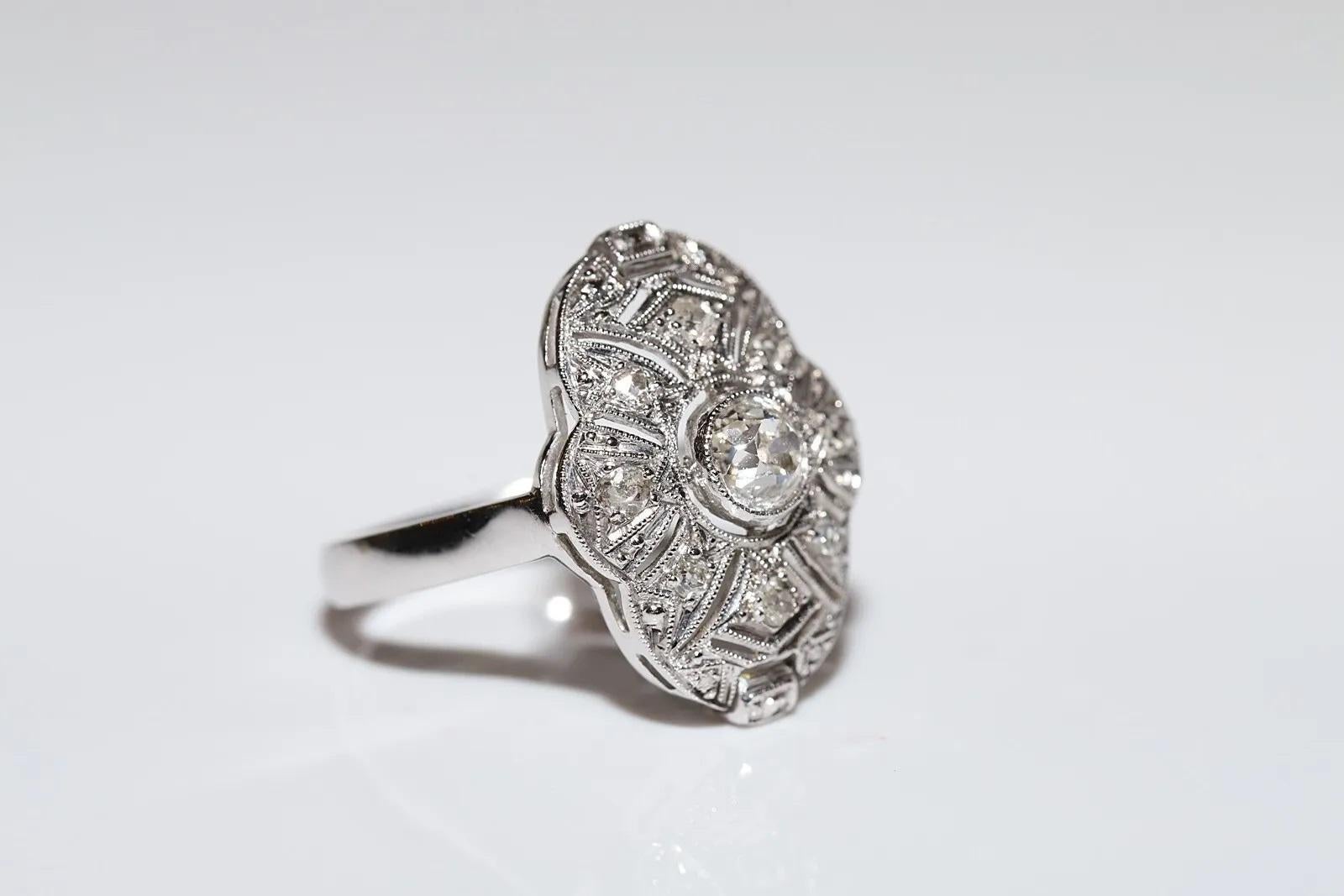 Old Mine Cut Antique 18k Gold Circa 1930s Art Deco Natural Diamond Decorated Navette Ring For Sale