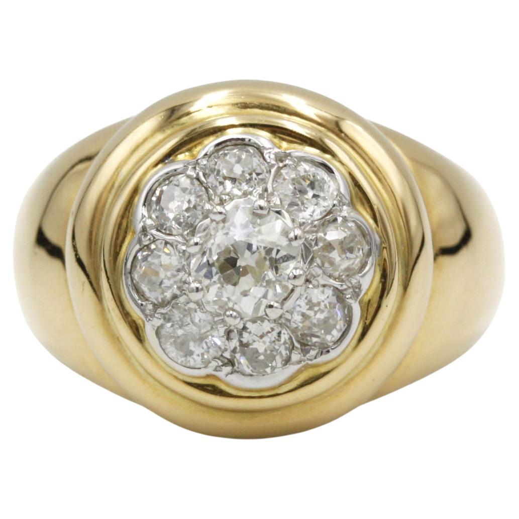 Antique 18K Gold Cluster Ring with 2 ct Old Mine-Cut Diamonds & Accent Diamonds