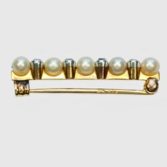 Antique 18K Gold Diamond and Cultured Pearl Bar Brooch