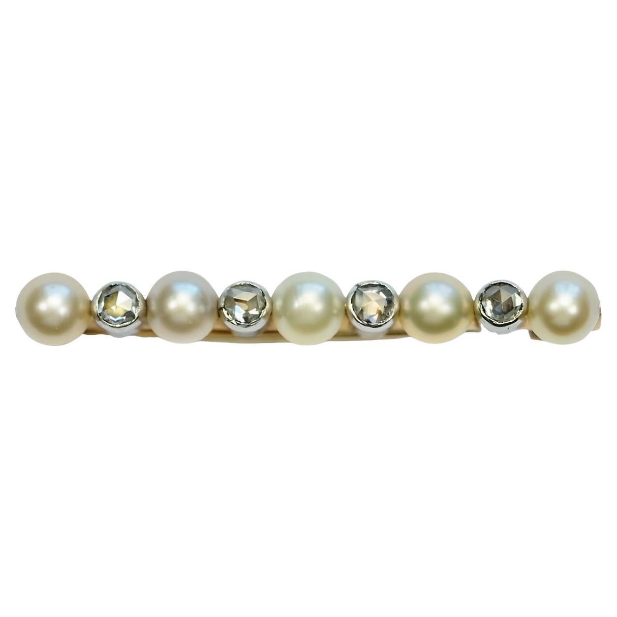 Antique 18K Gold Diamond and Cultured Pearl Bar Brooch
