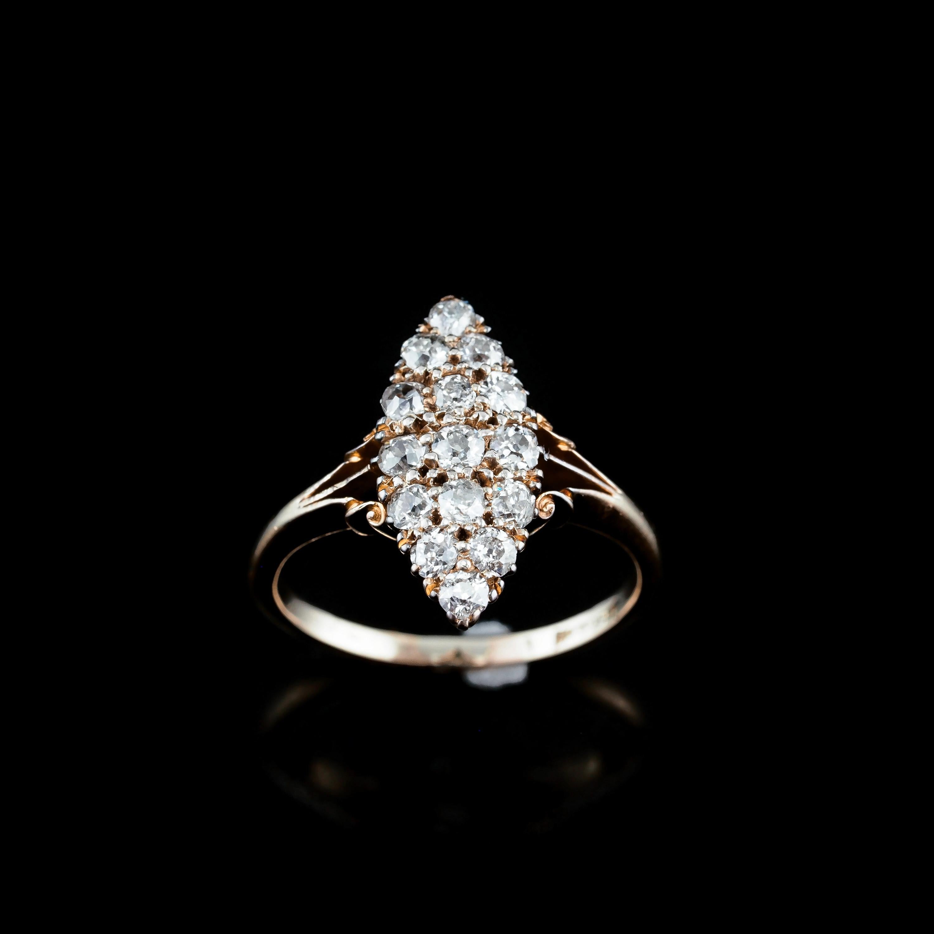 Antiker 18K Gold Diamant Cluster Navette Ring - ca. 1900 13