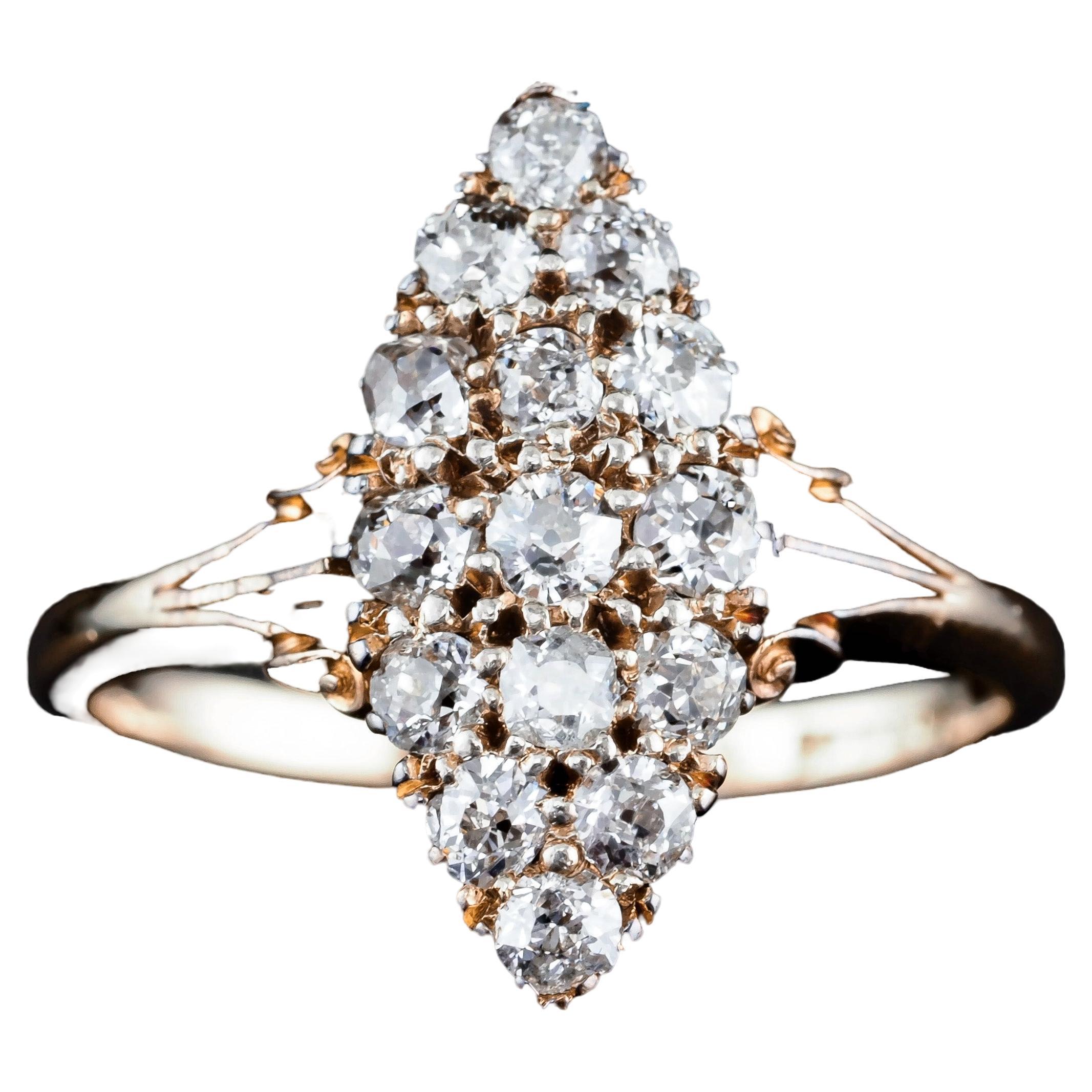 Antiker 18K Gold Diamant Cluster Navette Ring - ca. 1900 