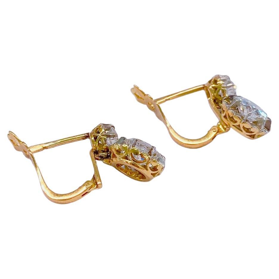 Antique Old Mine Cut Diamond Gold Earrings In Good Condition For Sale In Cairo, EG