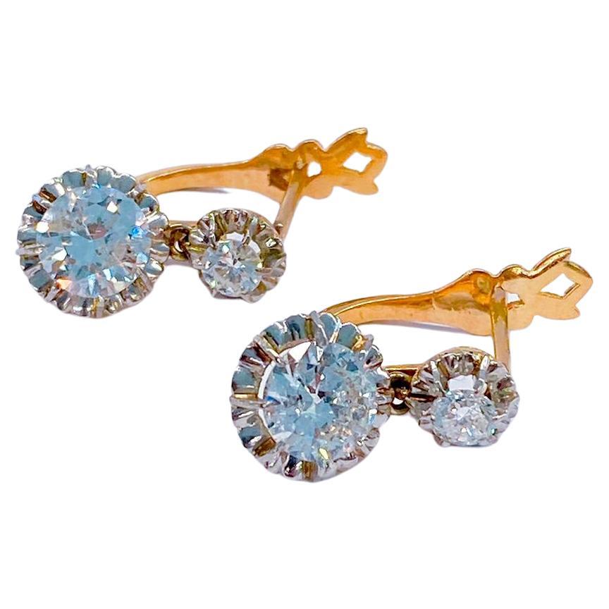 Antique Old Mine Cut Diamond Gold Earrings For Sale 1
