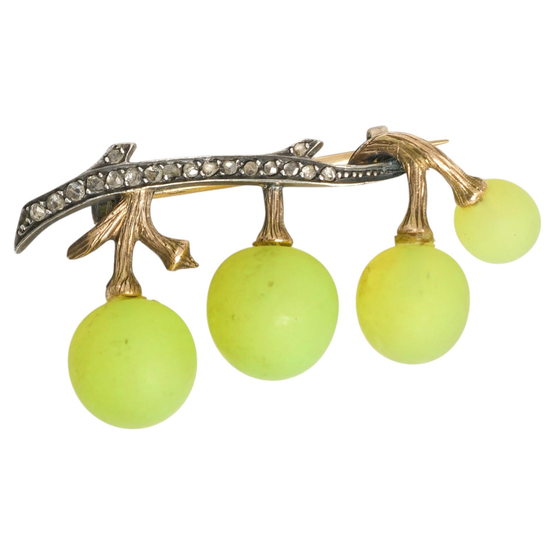 Antique 18k Gold Diamond Grape Vine Brooch by Fonsèque et Olive, Circa 1890