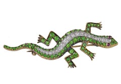 Antique 18 Karat Gold, Diamond, Green Garnet and Ruby Set Salamander Brooch