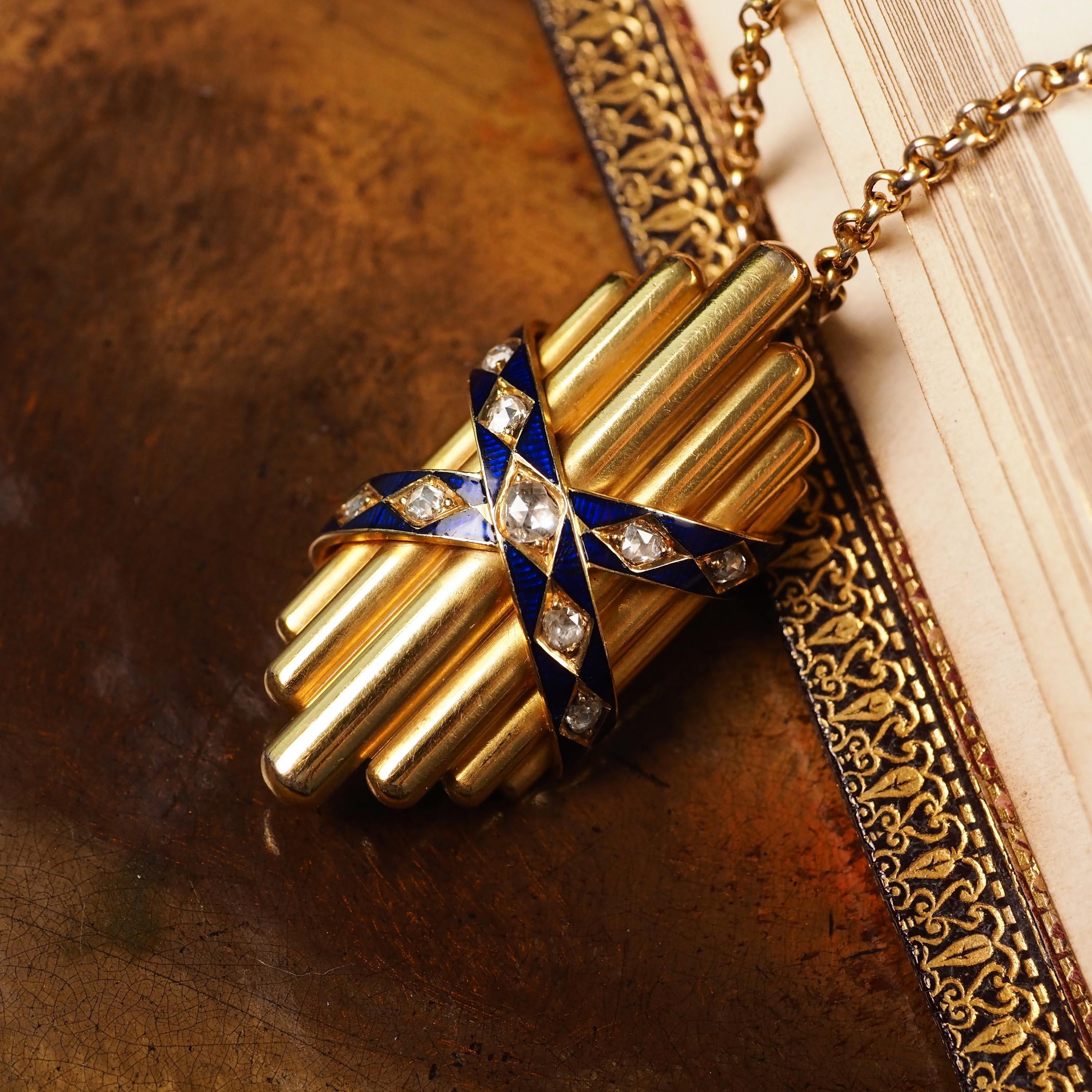 Antique 18K Gold Diamond Rose Cut Pendant Necklace with Blue Enamel - c.1880 For Sale 5