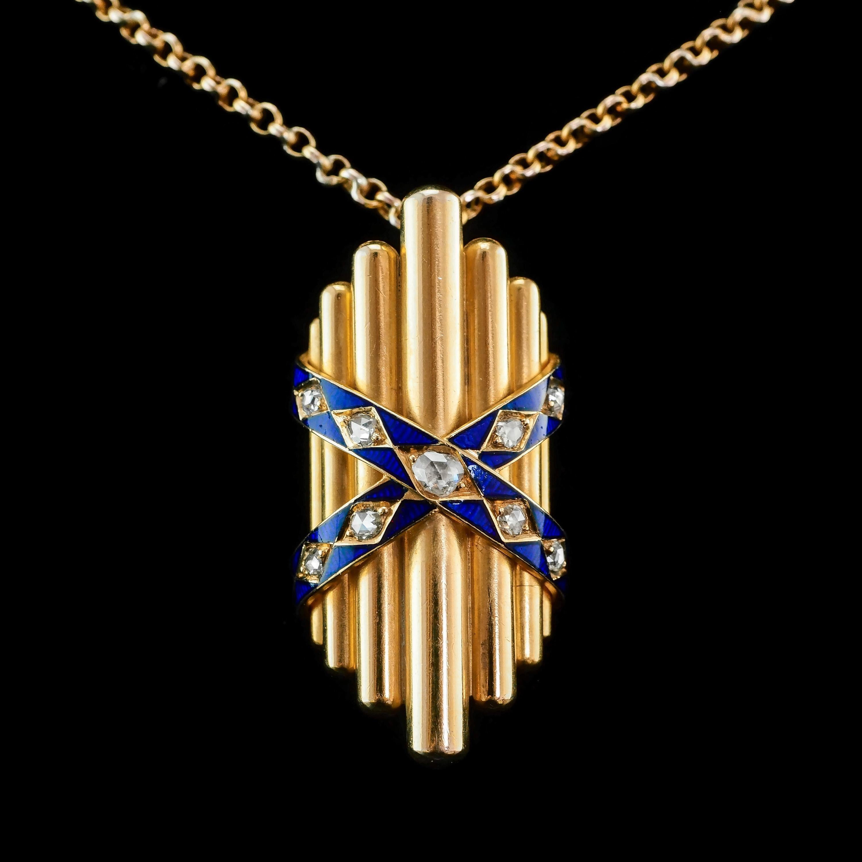 Antique 18K Gold Diamond Rose Cut Pendant Necklace with Blue Enamel - c.1880 For Sale 6