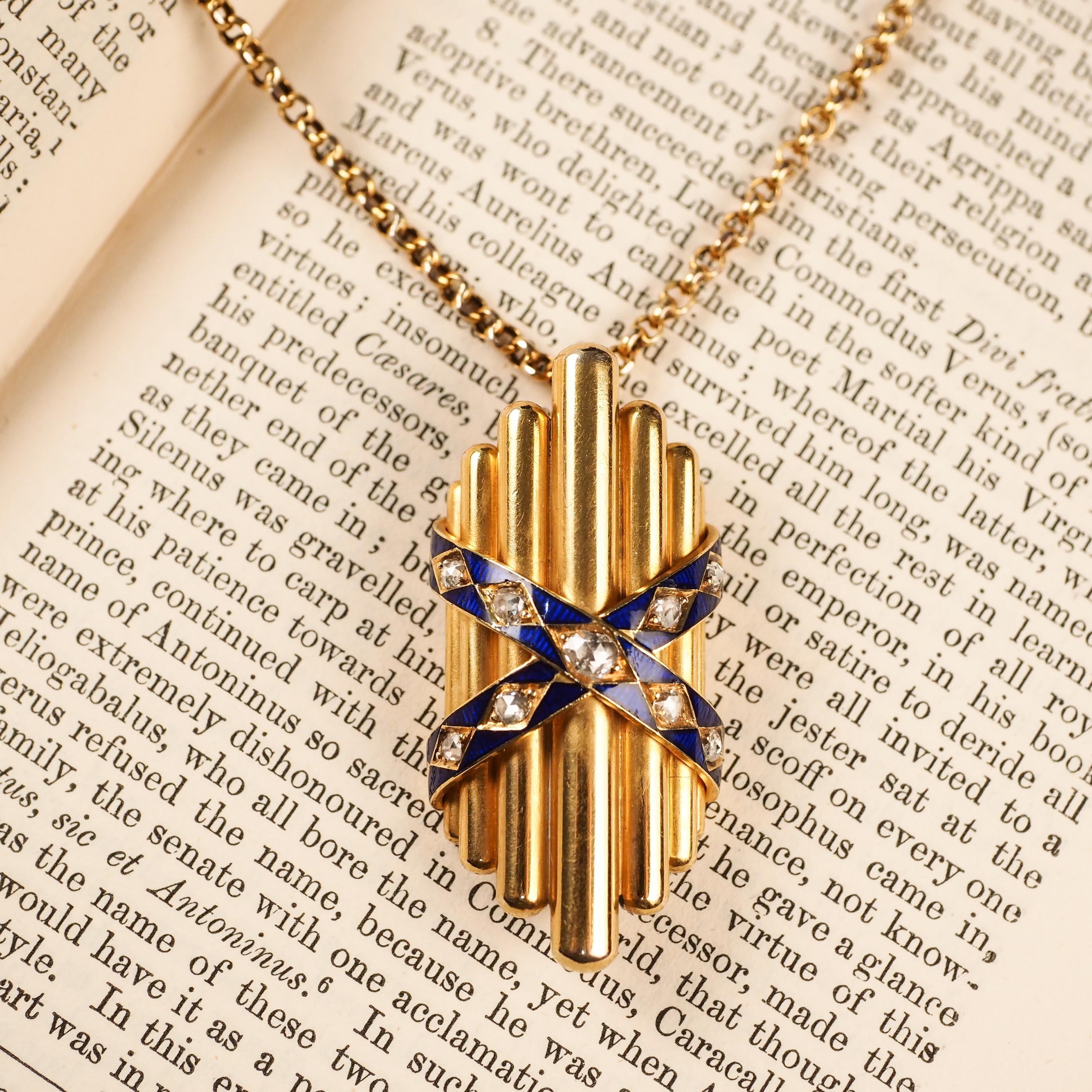 Antique 18K Gold Diamond Rose Cut Pendant Necklace with Blue Enamel - c.1880 For Sale 7