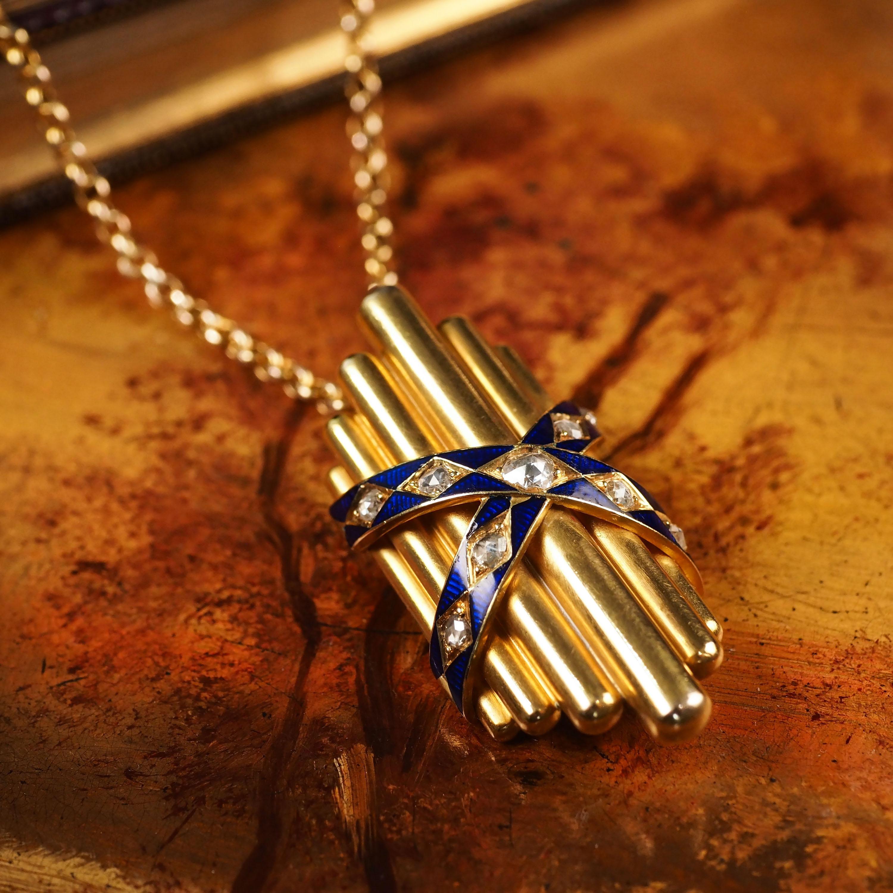 Antique 18K Gold Diamond Rose Cut Pendant Necklace with Blue Enamel - c.1880 For Sale 8