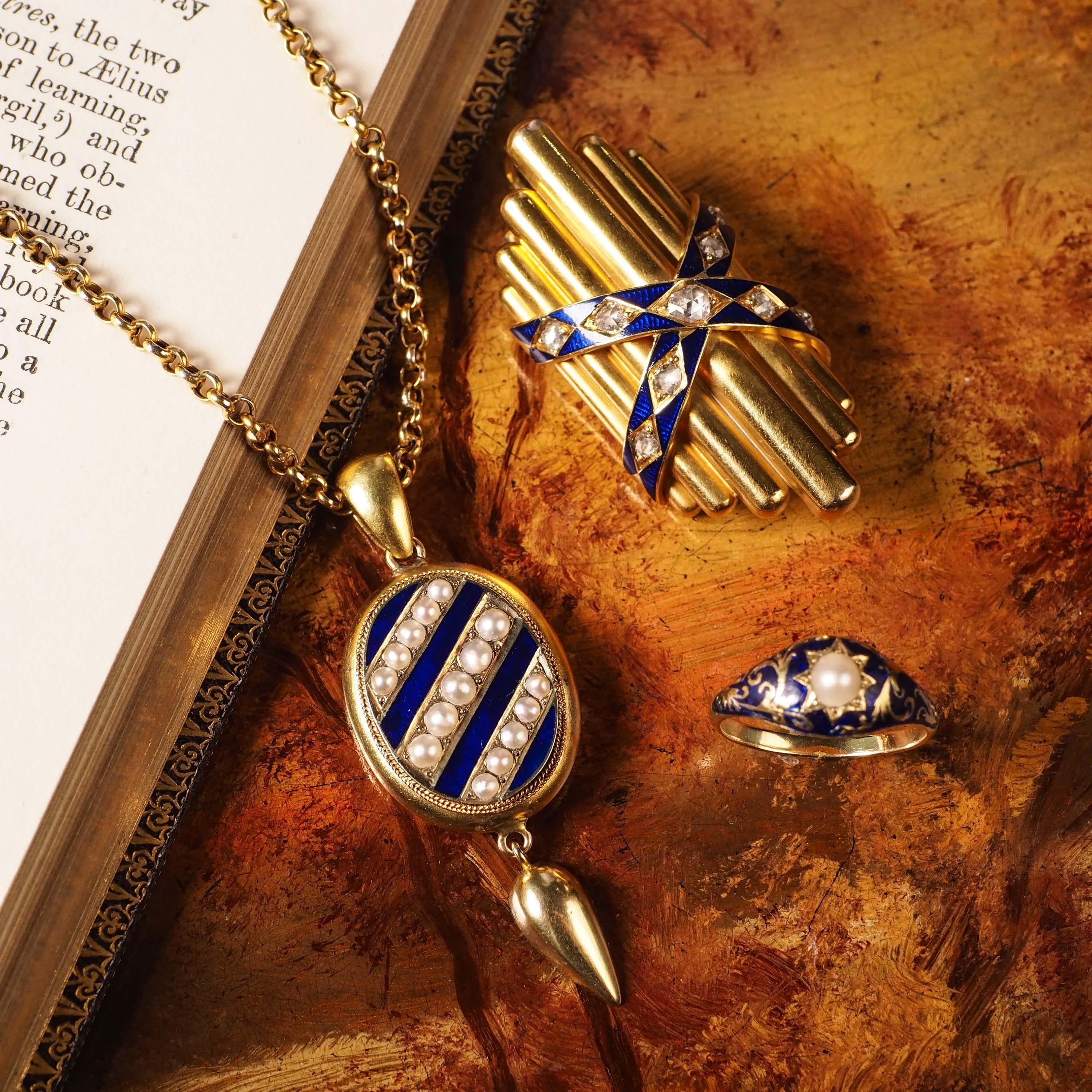Antique 18K Gold Diamond Rose Cut Pendant Necklace with Blue Enamel - c.1880 For Sale 11