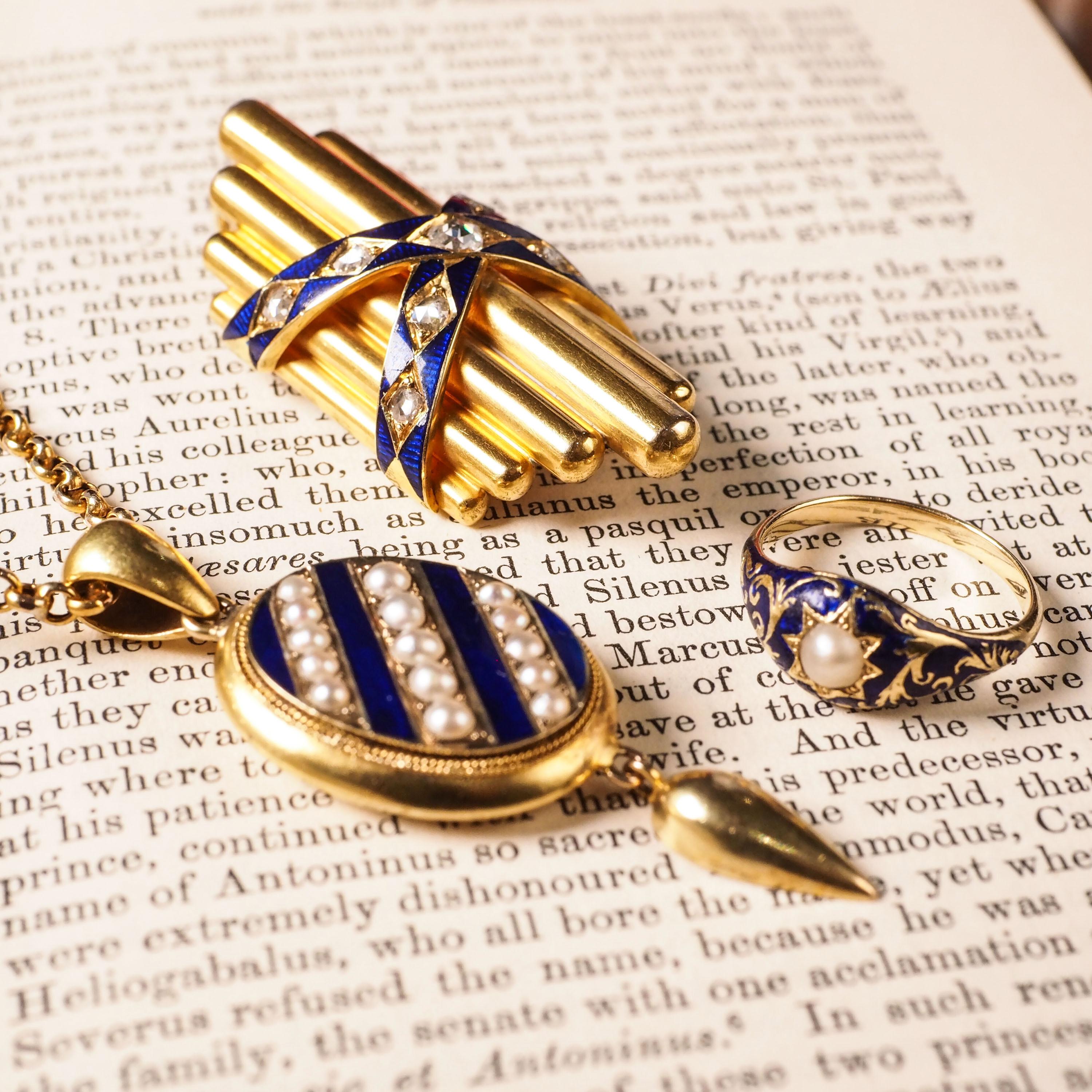 Women's or Men's Antique 18K Gold Diamond Rose Cut Pendant Necklace with Blue Enamel - c.1880 For Sale