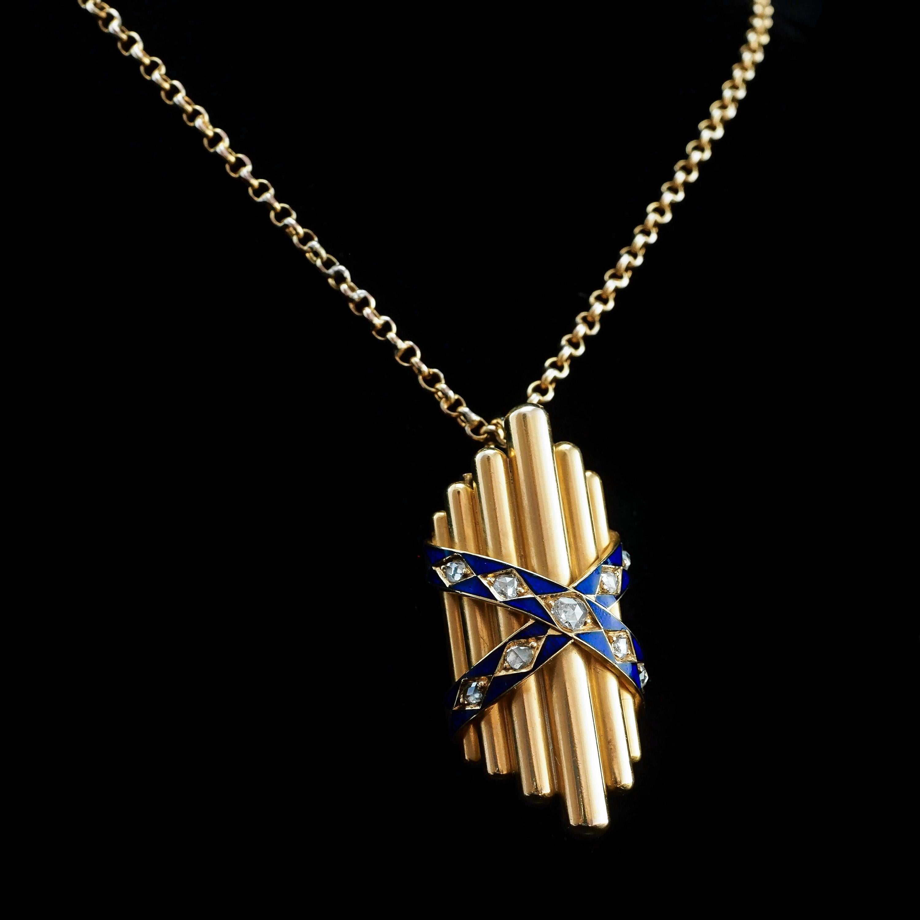 Antique 18K Gold Diamond Rose Cut Pendant Necklace with Blue Enamel - c.1880 For Sale 1