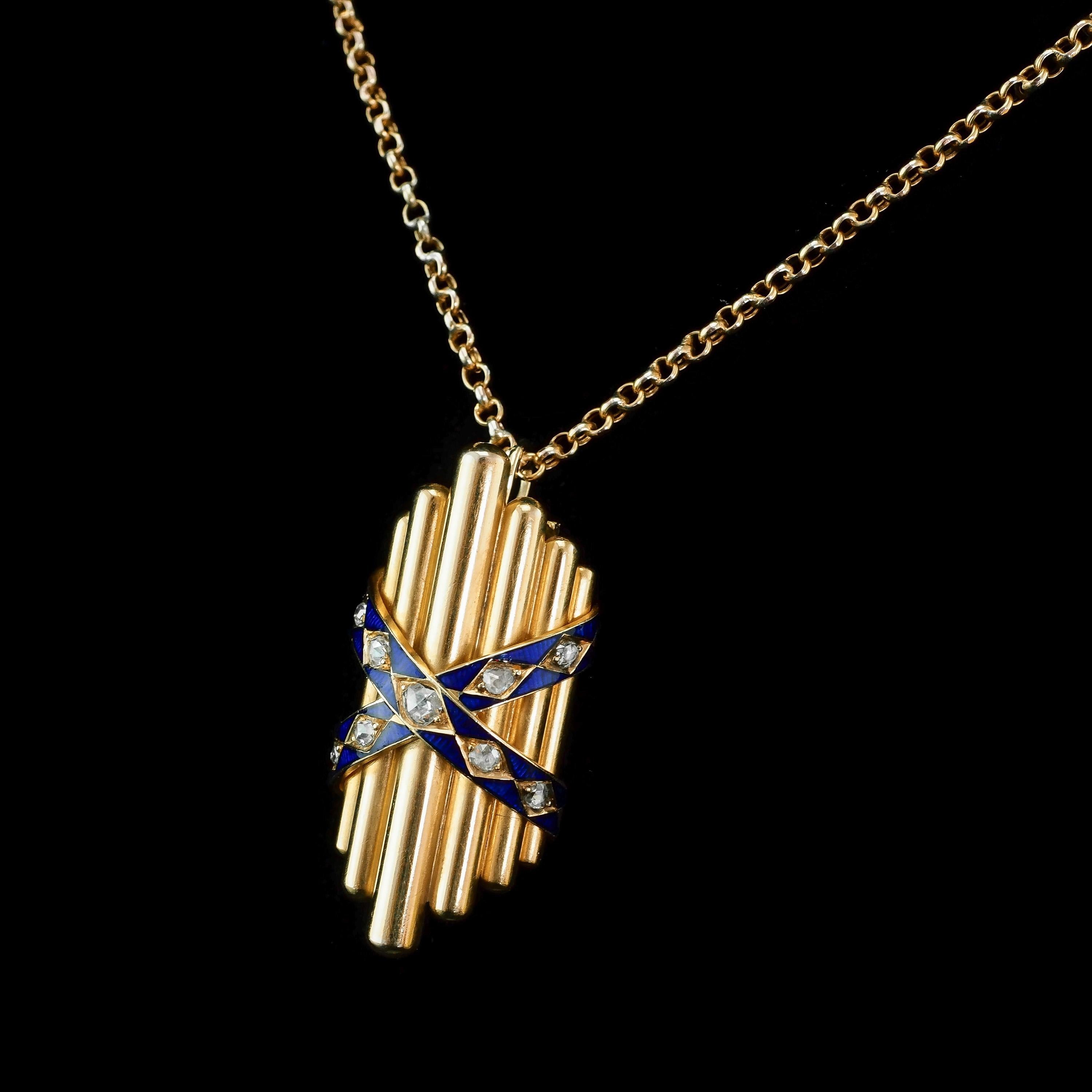 Antique 18K Gold Diamond Rose Cut Pendant Necklace with Blue Enamel - c.1880 For Sale 2