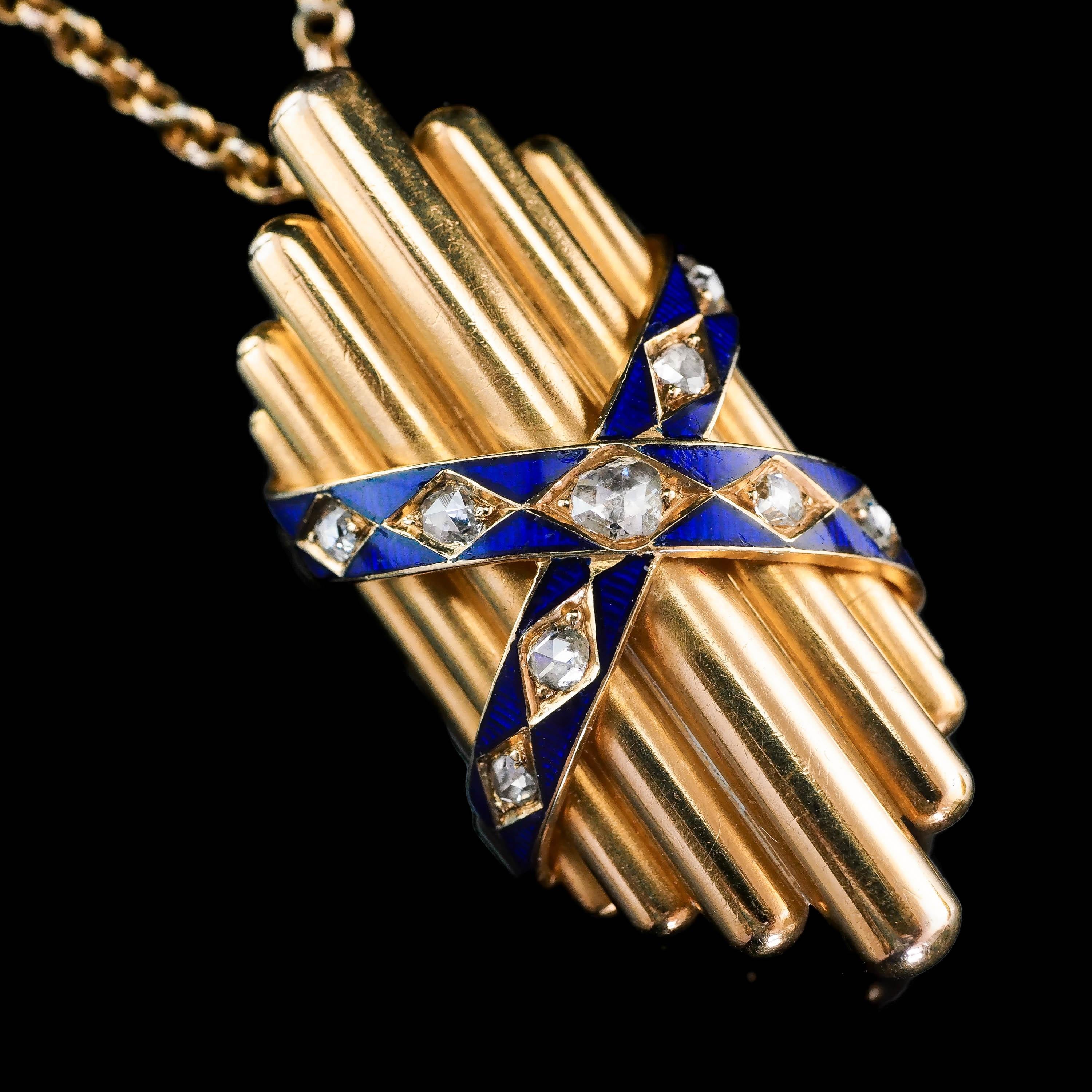 Antique 18K Gold Diamond Rose Cut Pendant Necklace with Blue Enamel - c.1880 For Sale 3