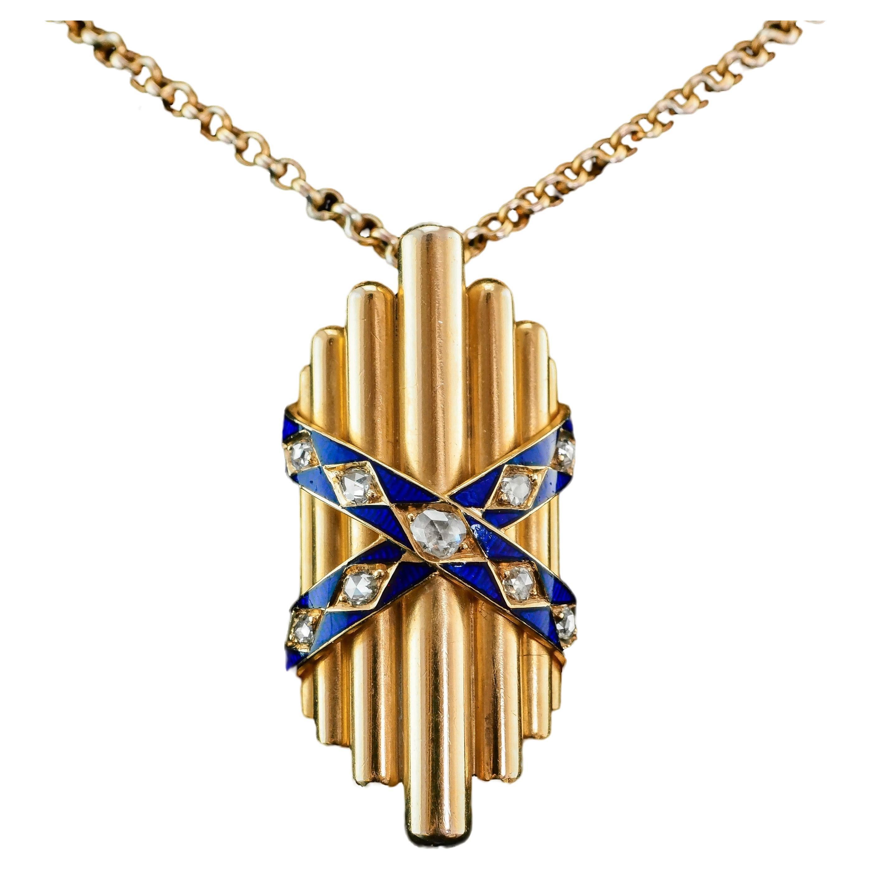 Antique 18K Gold Diamond Rose Cut Pendant Necklace with Blue Enamel - c.1880 For Sale