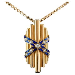 Antique 18K Gold Diamond Rose Cut Pendant Necklace with Blue Enamel - c.1880