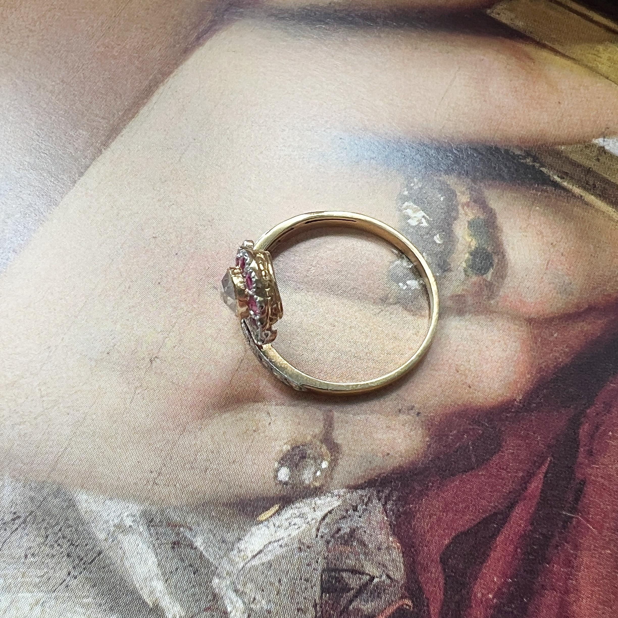 Antique 18k Gold Diamond Ruby Emerald Flower Ring 4
