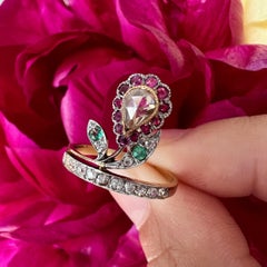 Antique 18k Gold Diamond Ruby Emerald Flower Ring