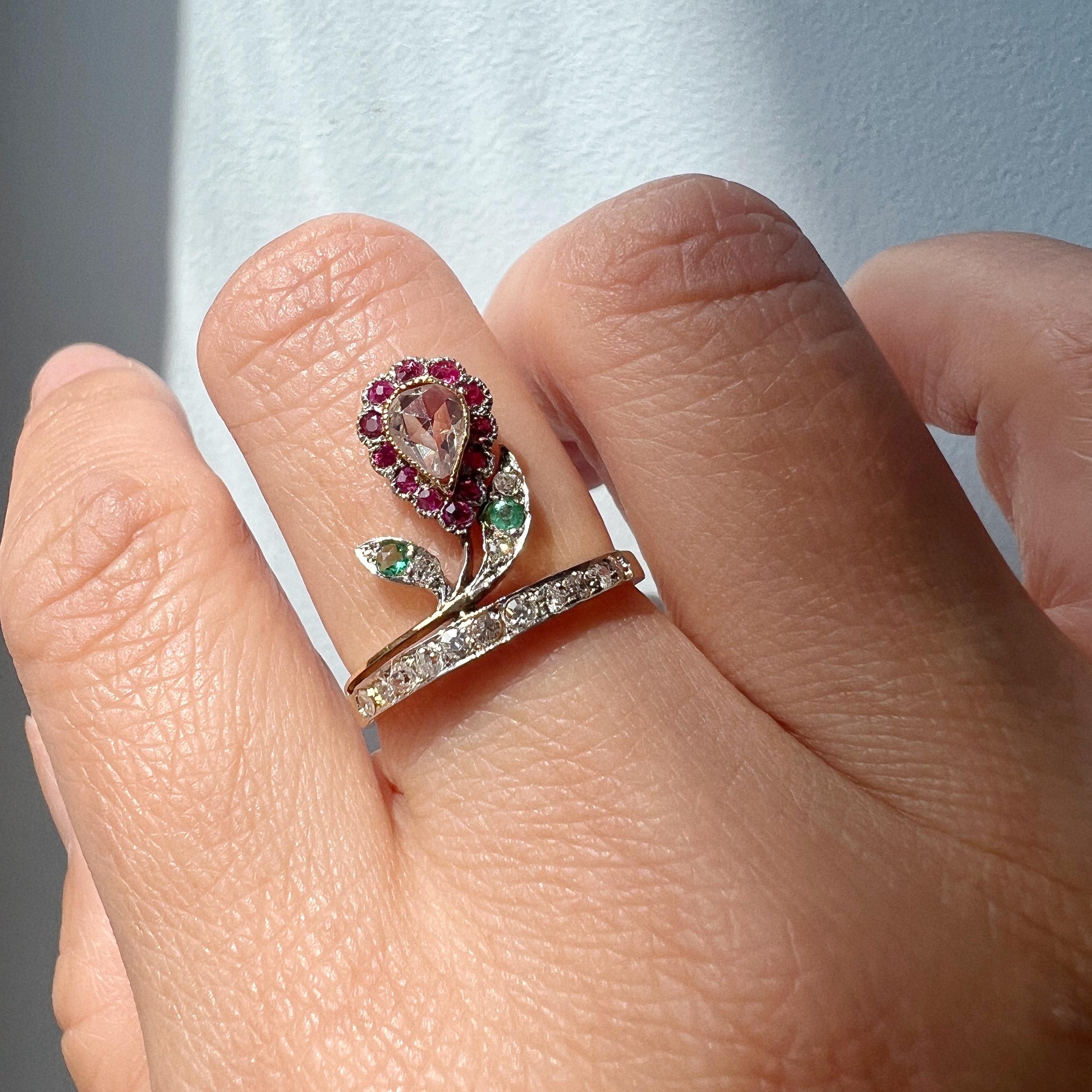 Art Nouveau Antique 18k Gold Diamond Ruby Emerald Flower Ring