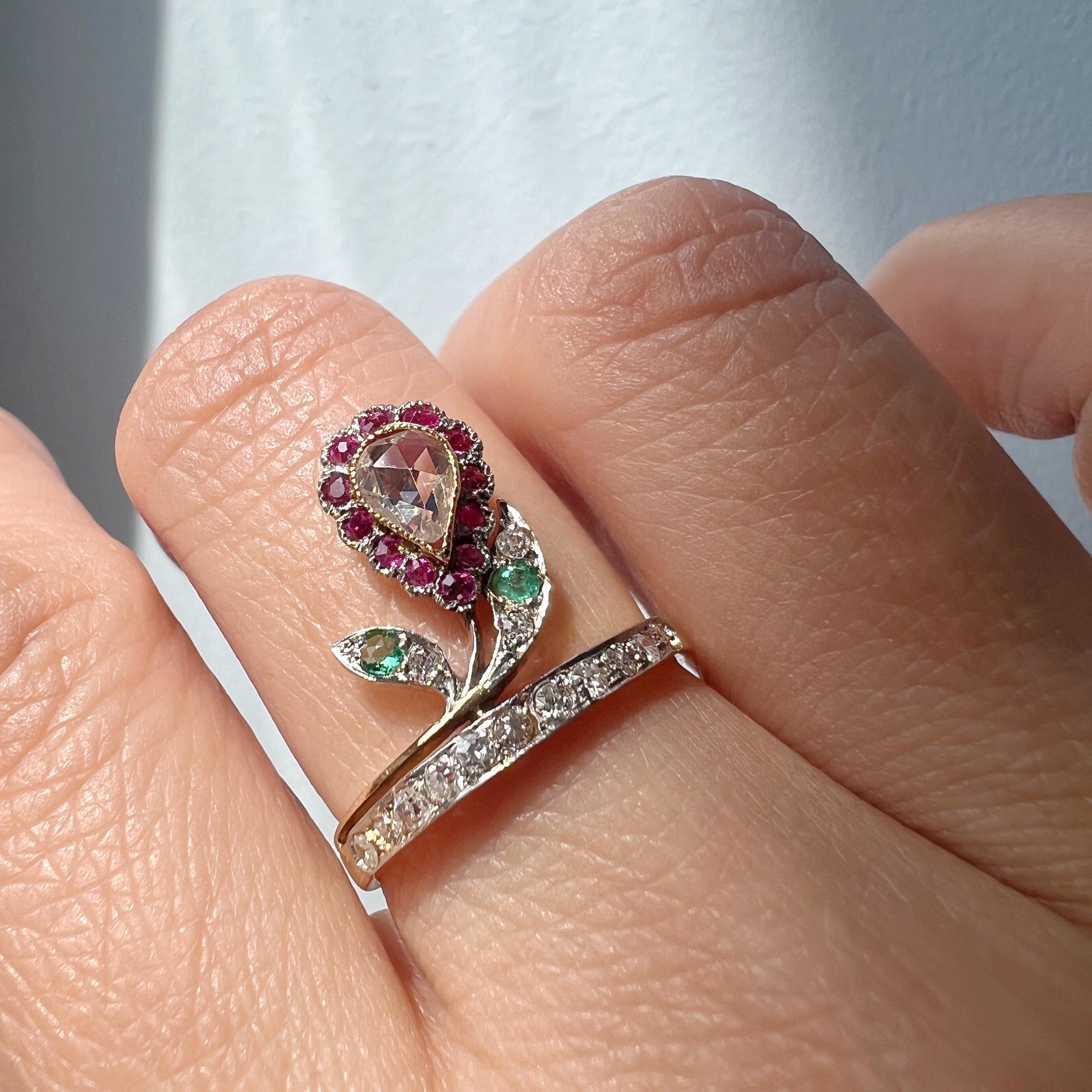 Rose Cut Antique 18k Gold Diamond Ruby Emerald Flower Ring