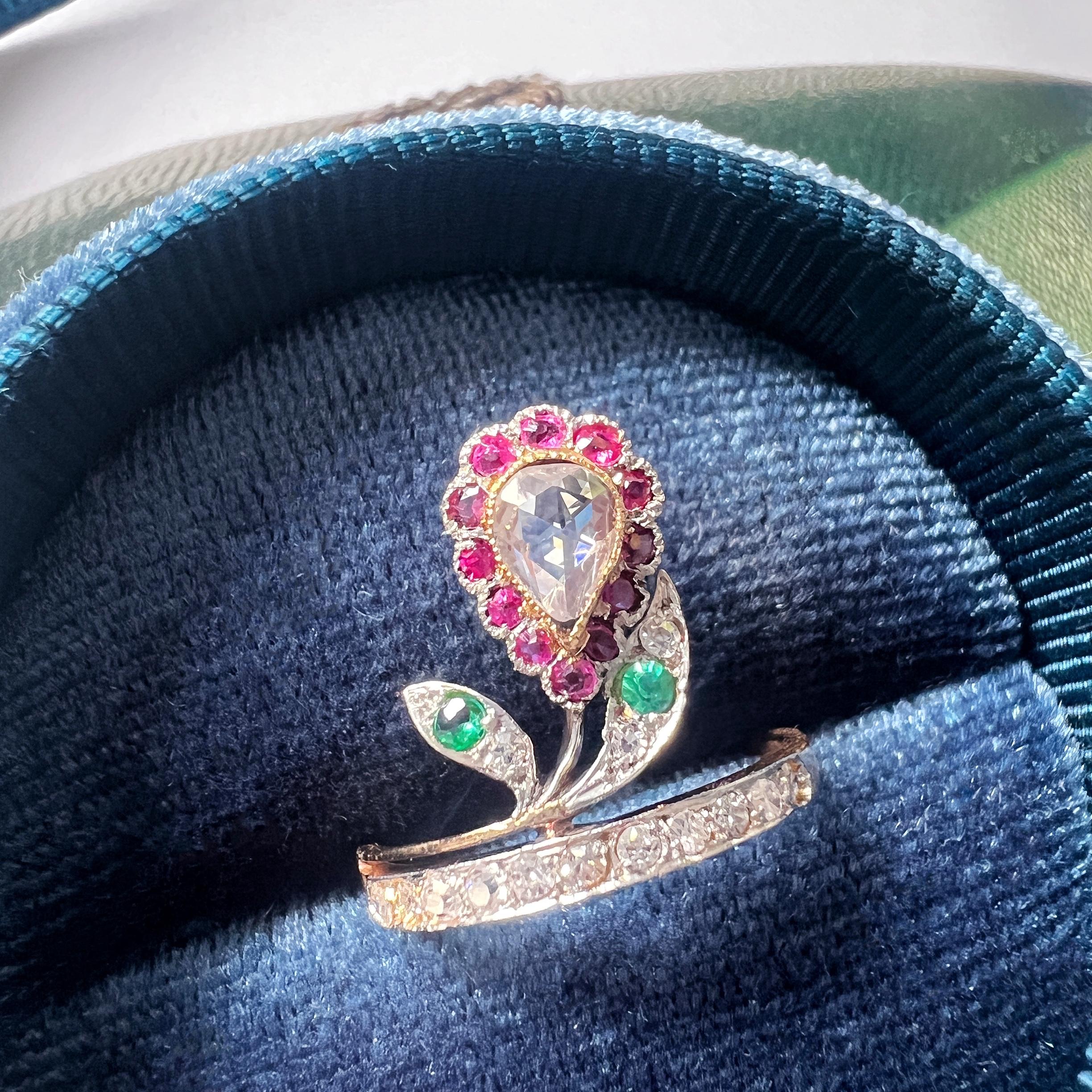 Women's Antique 18k Gold Diamond Ruby Emerald Flower Ring
