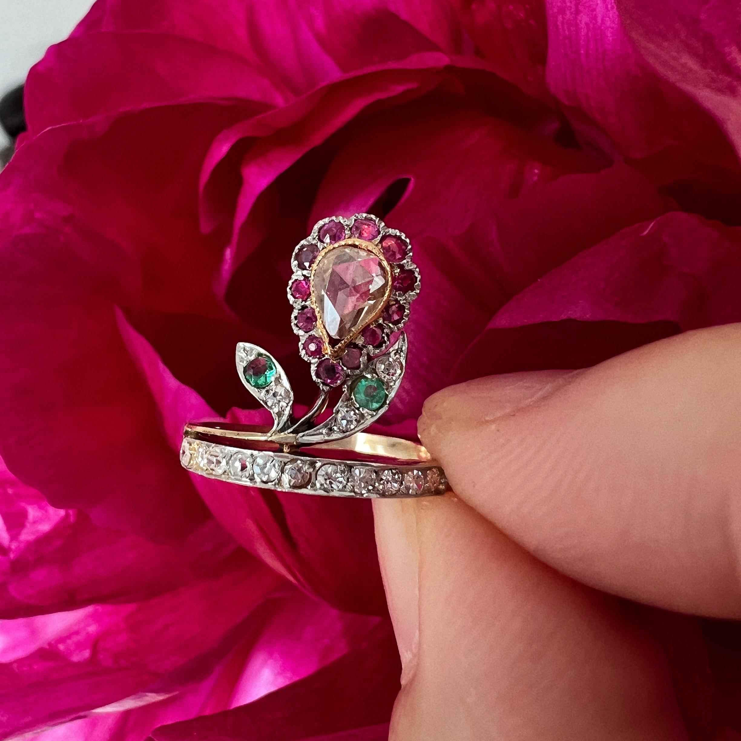 Antique 18k Gold Diamond Ruby Emerald Flower Ring 1