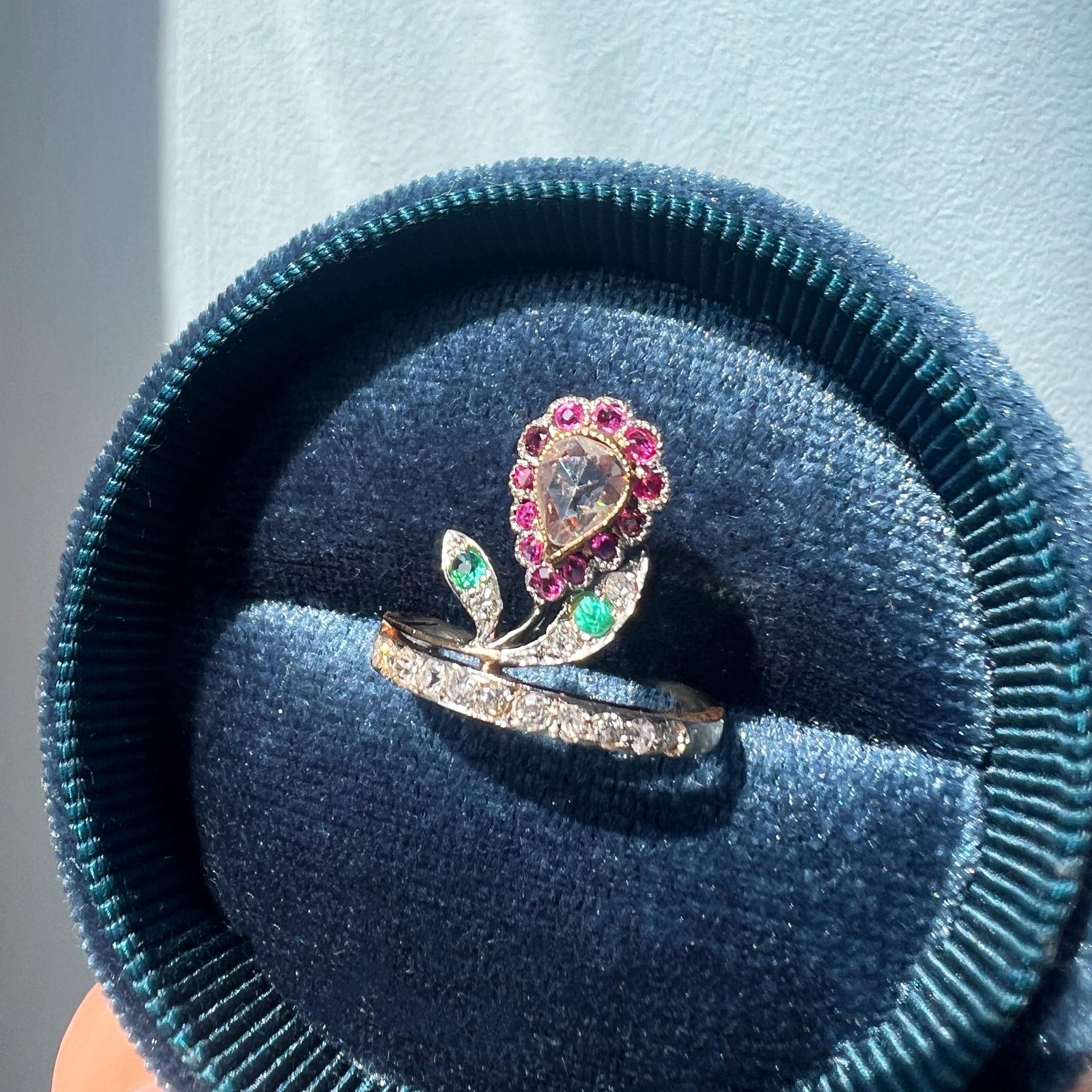 Antique 18k Gold Diamond Ruby Emerald Flower Ring 2