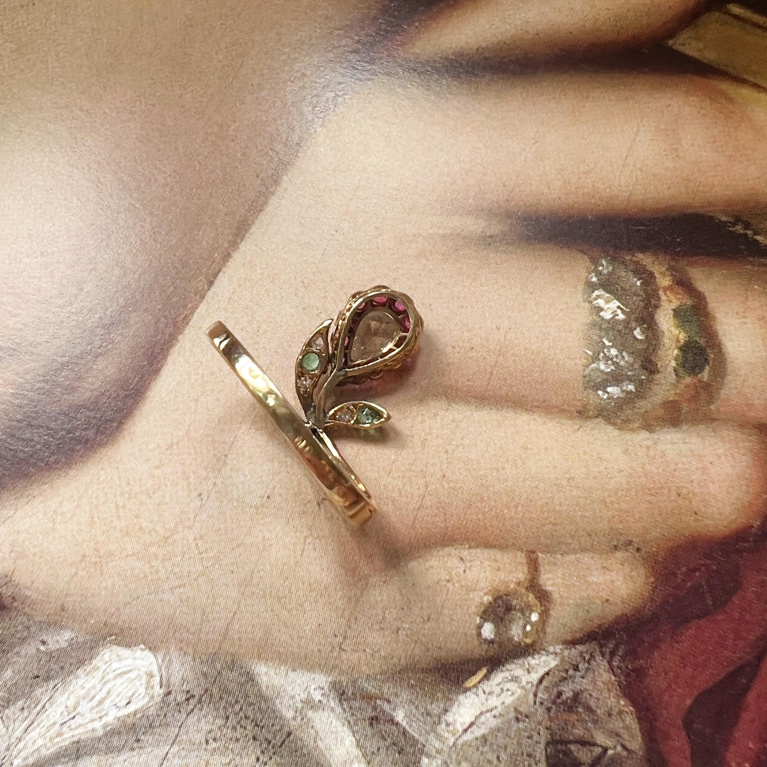 Antique 18k Gold Diamond Ruby Emerald Flower Ring 3