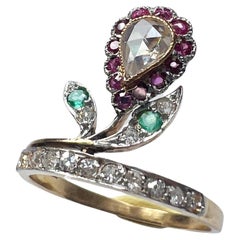 Antique 18k Gold Diamond Ruby Emerald Flower Ring