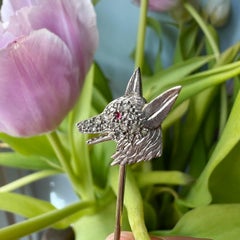 Antique 18K gold diamond ruby wolf stick pin brooch, Art deco pin animal brooch