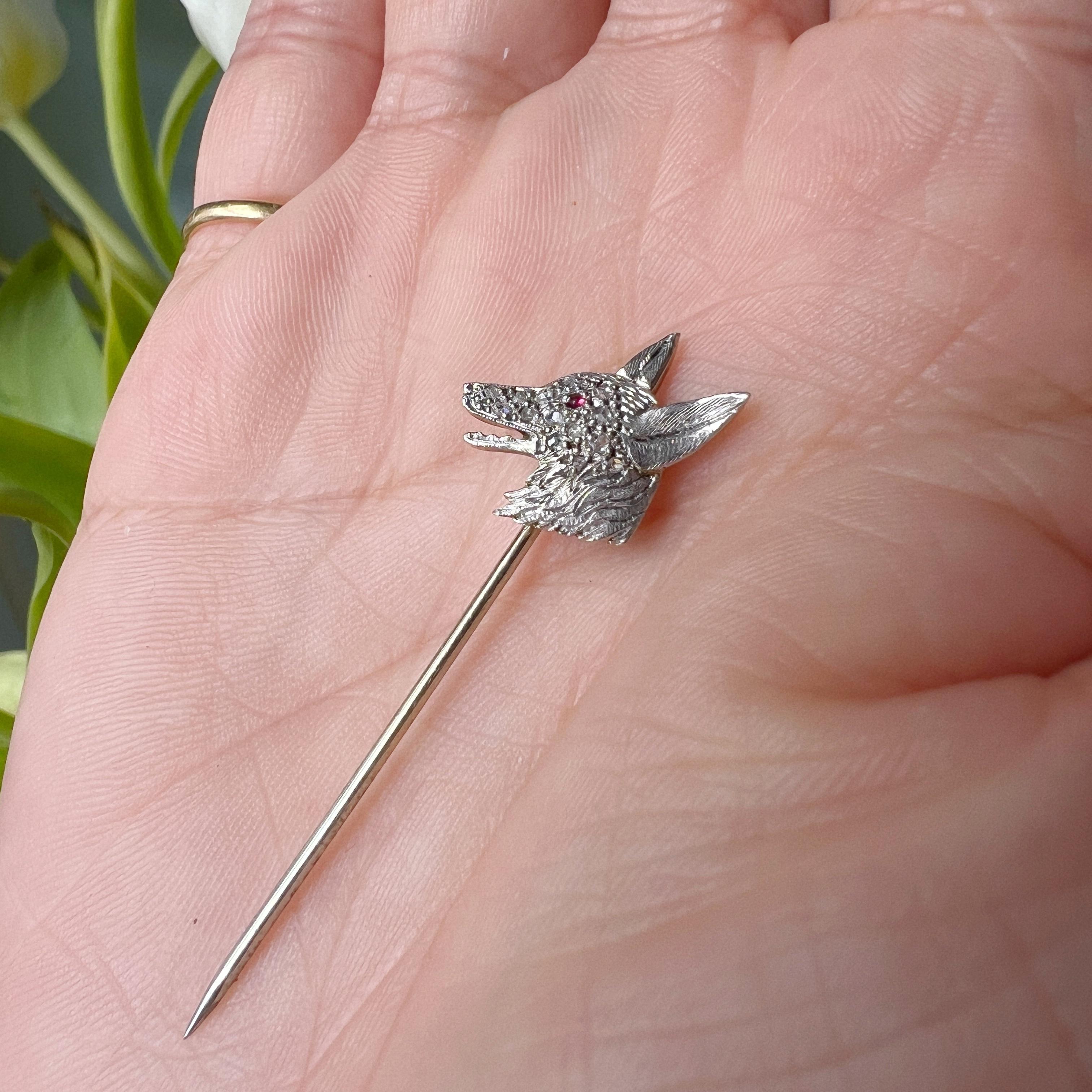 Women's or Men's Antique 18K gold diamond ruby wolf stick pin brooch, Art deco pin animal brooch