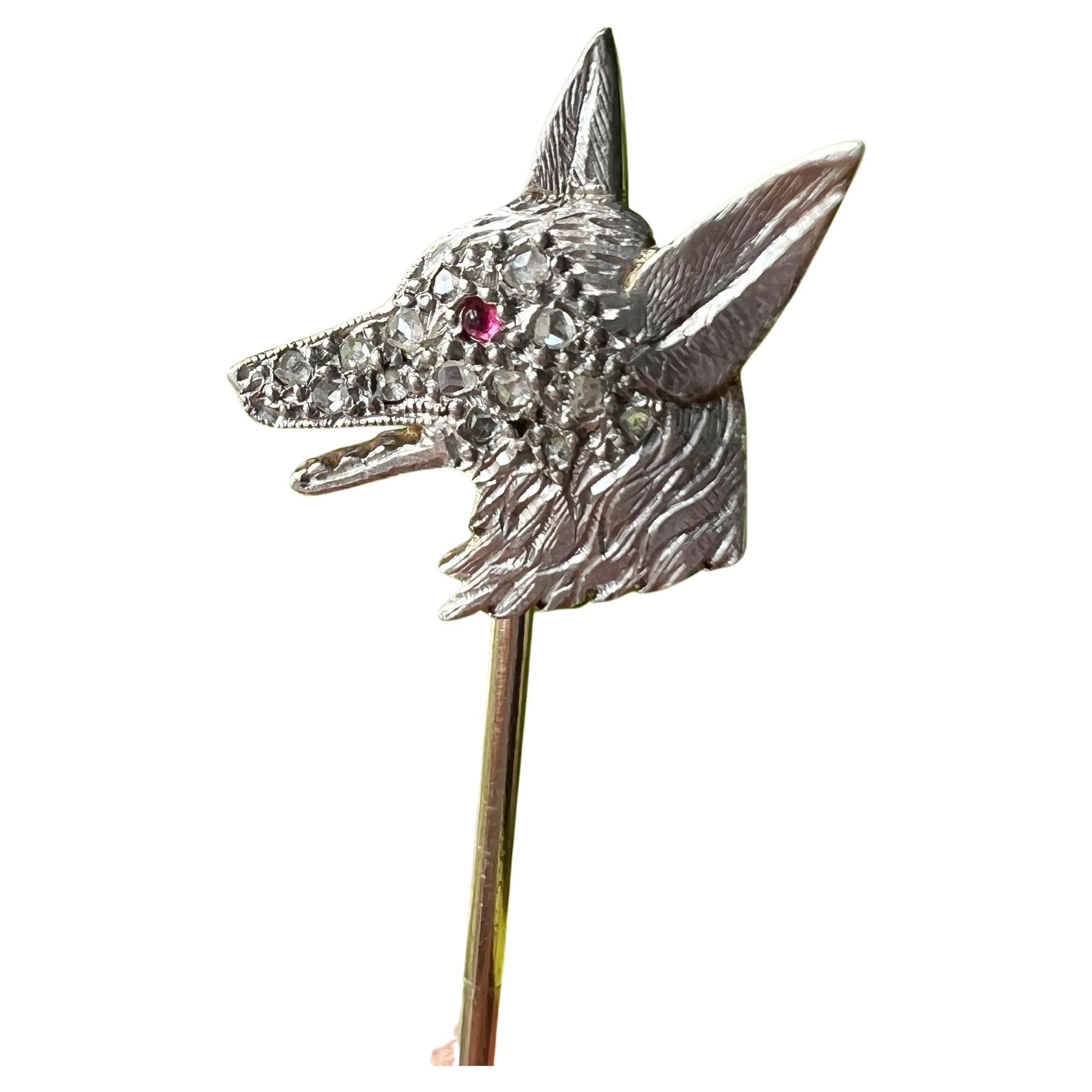 Antique 18K gold diamond ruby wolf stick pin brooch, Art deco pin animal brooch For Sale