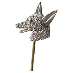 Antique 18K gold diamond ruby wolf stick pin brooch, Art deco pin animal brooch