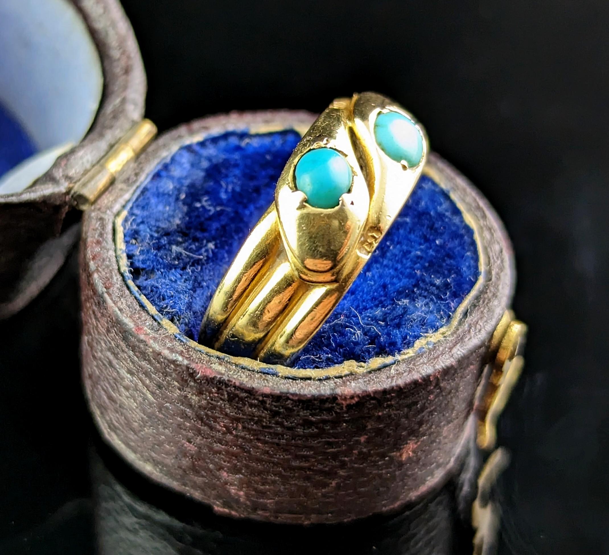 Cabochon Antique 18k Gold Double Snake Ring, Turquoise, Victorian For Sale