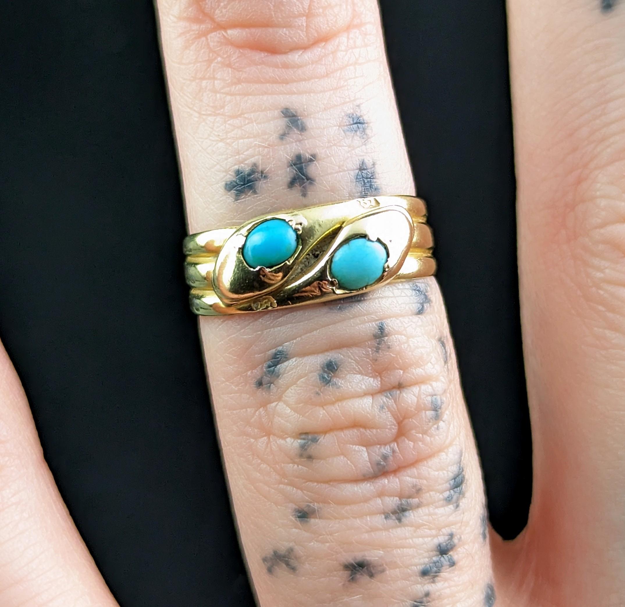 Women's or Men's Antique 18k Gold Double Snake Ring, Turquoise, Victorian For Sale