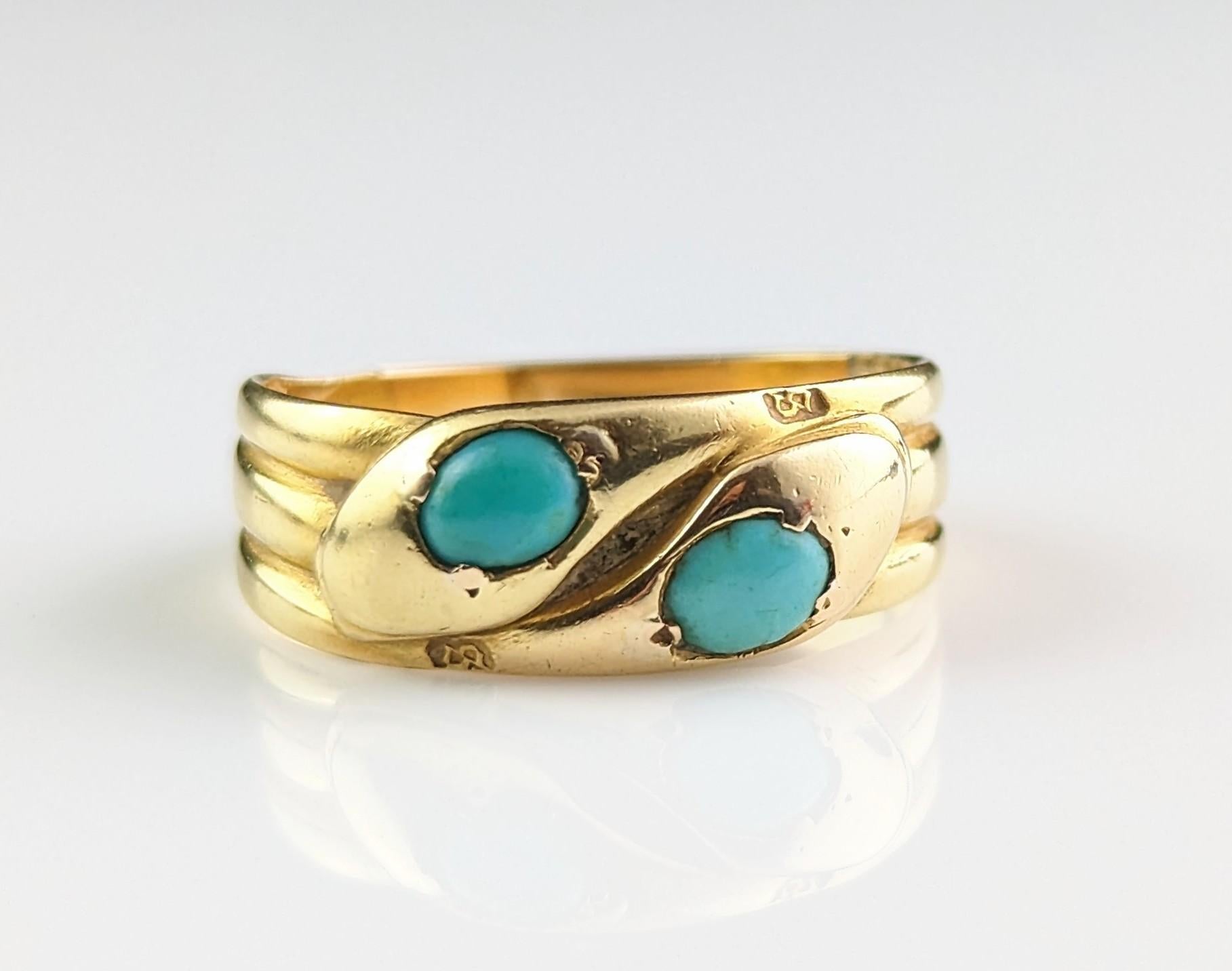 Antique 18k Gold Double Snake Ring, Turquoise, Victorian For Sale 3