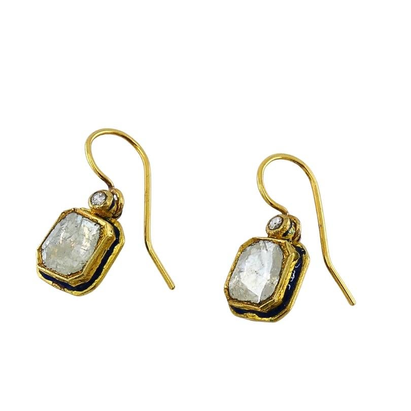 Rose Cut Antique 18k Gold Earrings Diamond Enamel Indian Origin For Sale