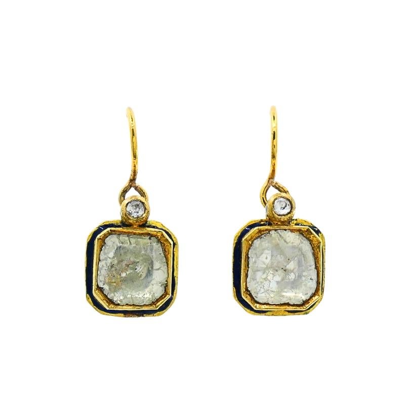 Women's Antique 18k Gold Earrings Diamond Enamel Indian Origin For Sale