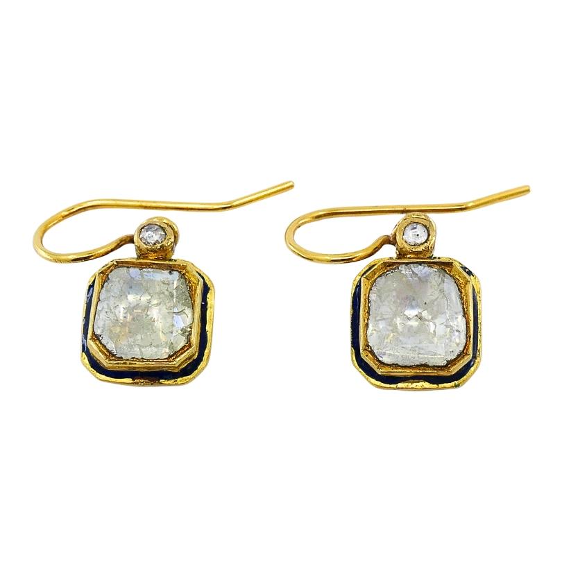 Antique 18k Gold Earrings Diamond Enamel Indian Origin For Sale 1