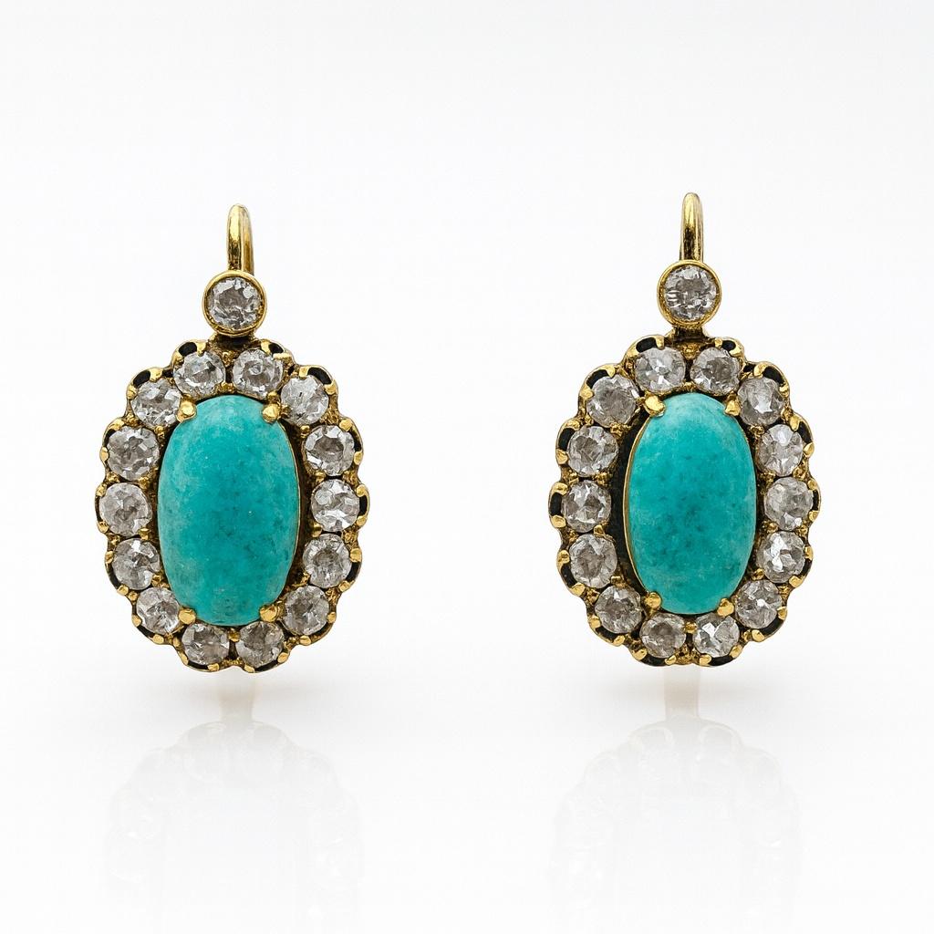 Antique 18K Gold Earrings with Nishapur Turquoise (Shajareh) and Diamond Halo – in vendita 4