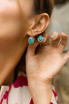 Antique 18K Gold Earrings with Nishapur Turquoise (Shajareh) and Diamond Halo -